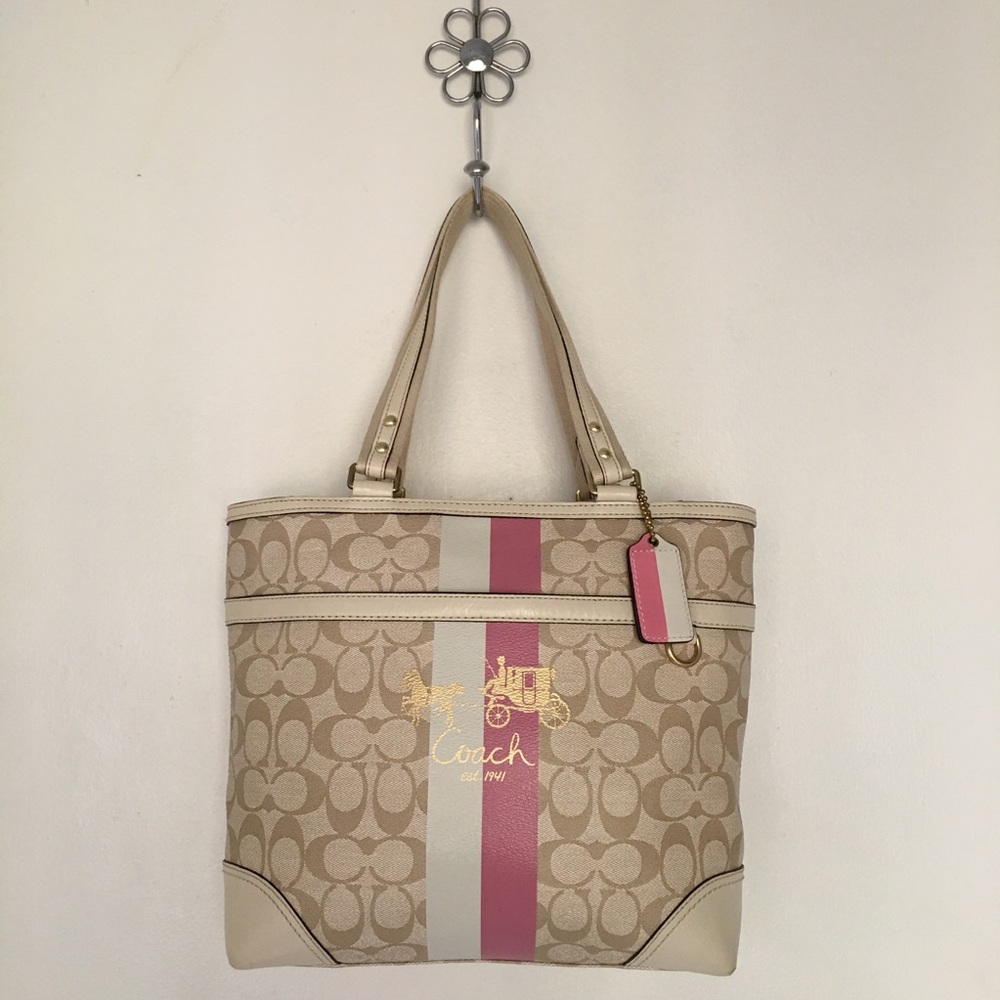 Coach Heritage Shoulder Signature Handbag Purse Tan Pink Monogram Canvas Leather